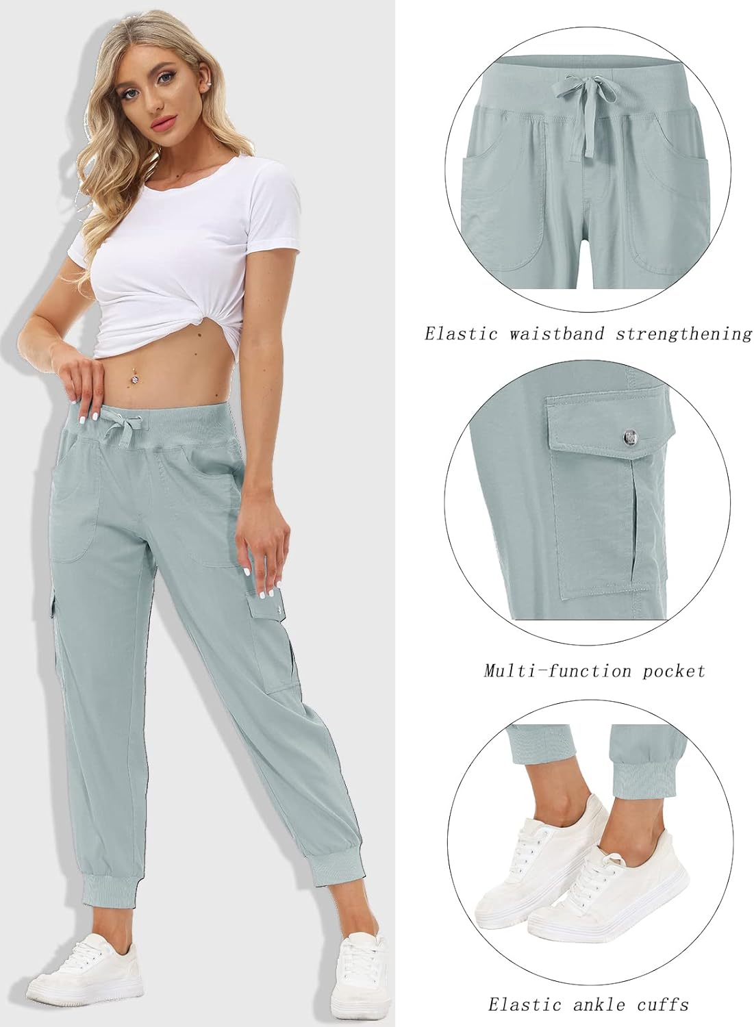 MoFiz Women's Lightweight Hiking Cargo Pants Outdoor Quick Dry Casual Travel Sweatpants Joggers Elastic Waist Button Pockets - Image 2