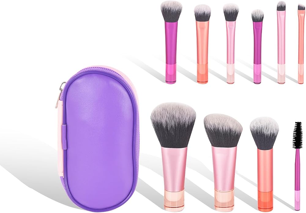 Portable 10Pcs Mini Travel Makeup Brush Set with Pouch, Full Face Soft Synthetic Bristles for Foundation Eyeshadow Blush Contour, Compact Cosmetic Brushes Essentials for Women Girls On The Go