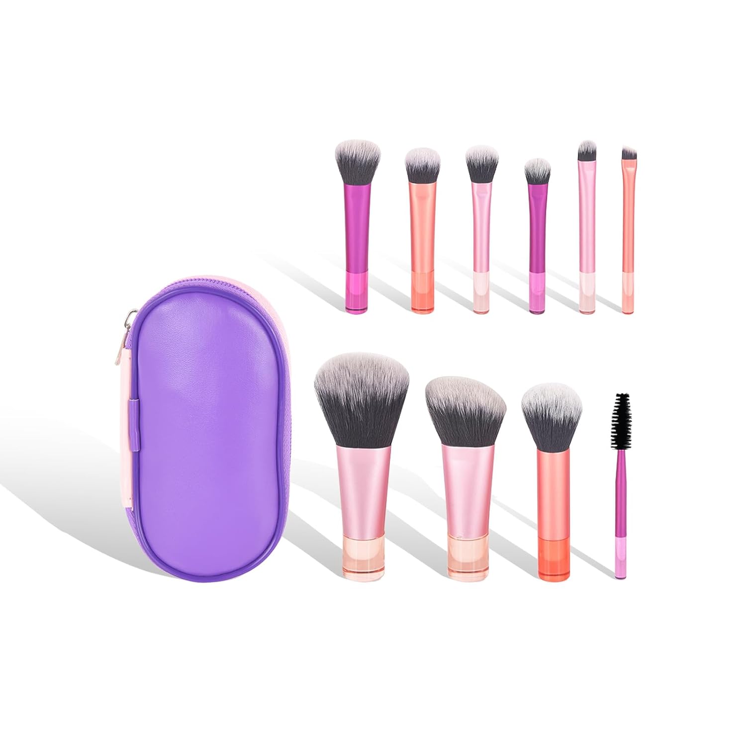 Portable 10Pcs Mini Travel Makeup Brush Set with Pouch, Full Face Soft Synthetic Bristles for Foundation Eyeshadow Blush Contour, Compact Cosmetic Brushes Essentials for Women Girls On The Go