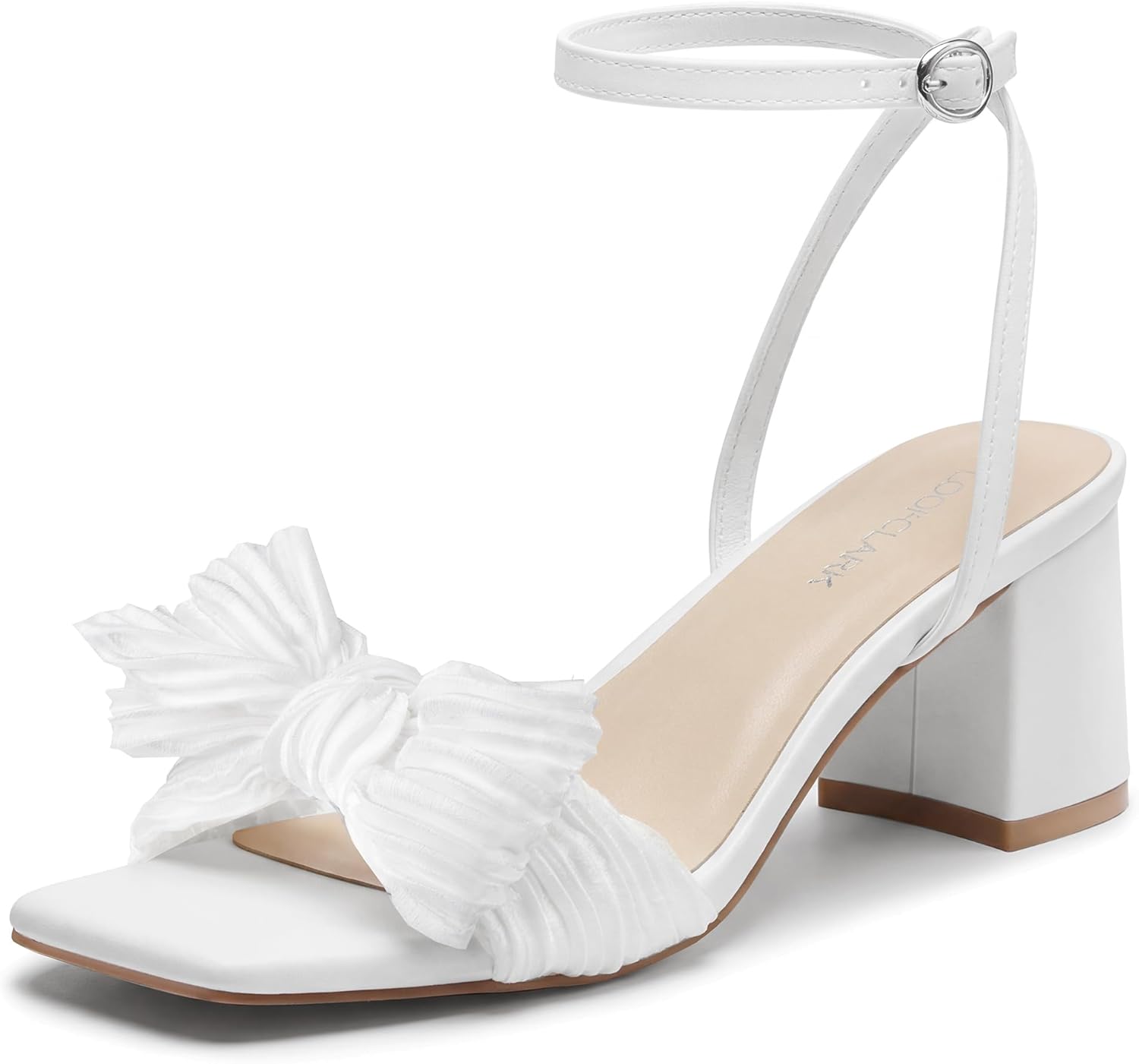 Women's Bow Knot Low Block Chunky Heeled Sandals Square Open Toe Ankle Buckle Strap Bride Wedding Party Shoes