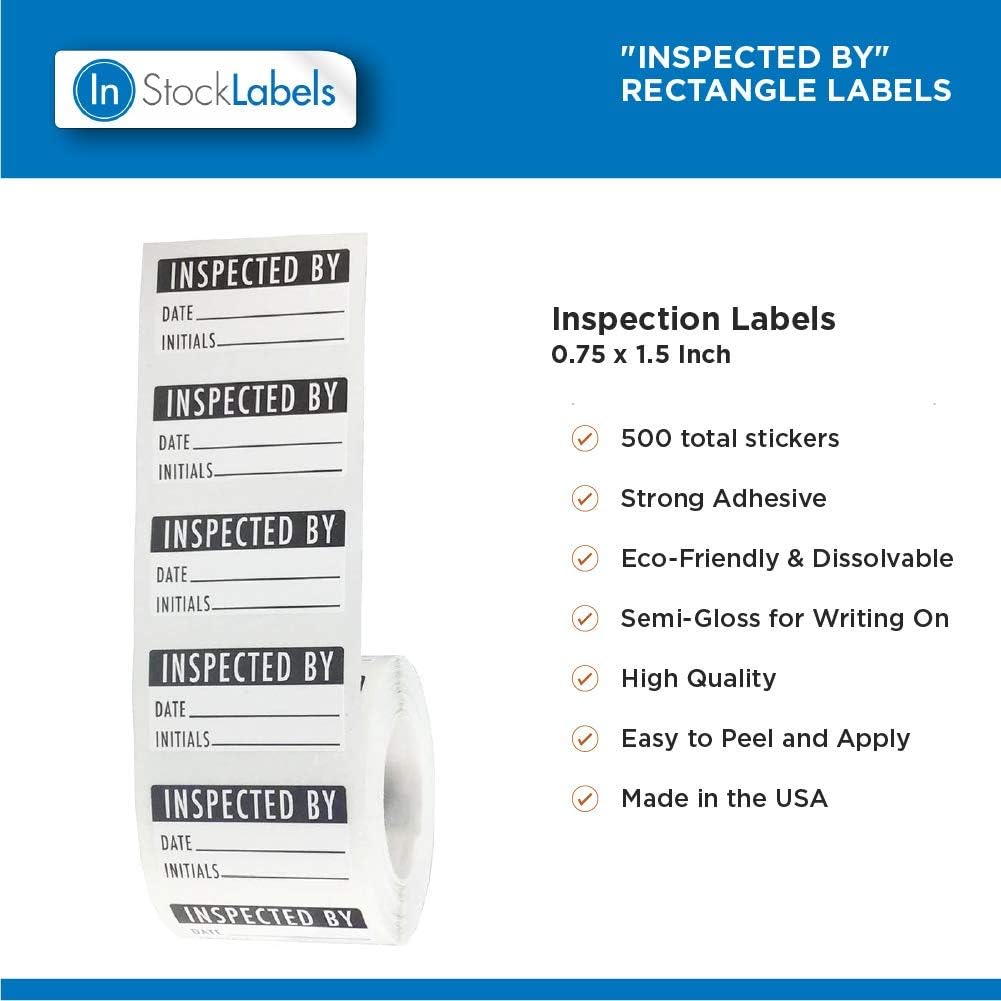 Inspected By Rectangle Labels, 0.75 x 1.5 Inch Adhesive Stickers, 500 Total Labels on a Roll for Quality Control, Inspection, and Tracking – Made in the USA