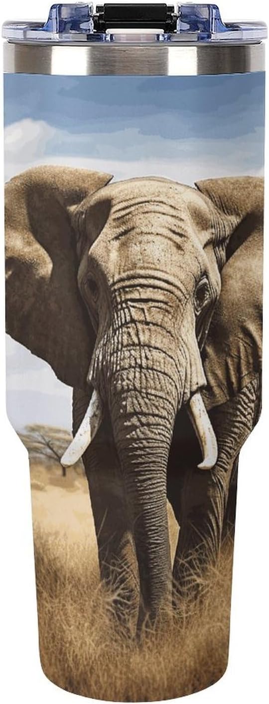 Elephant Travel Coffee Mug Reusable Durable Stainless Steel Insulated Tumbler with Handle And Straw Leak Resistant Portable Thermal Cup Gifts for Men Women 40 Oz