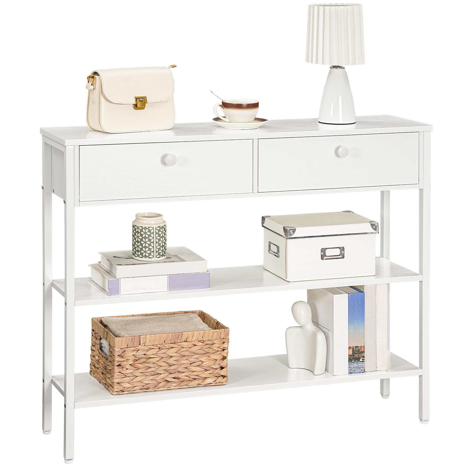 HOOBRO EWW32XG01 - Mesa consola con cajón y 2 estantes de almacenamiento, mesa de sofá con estructura de metal resistente, 100 x 24 x 80 cm, para entrada, pasillo, salón, color blanco