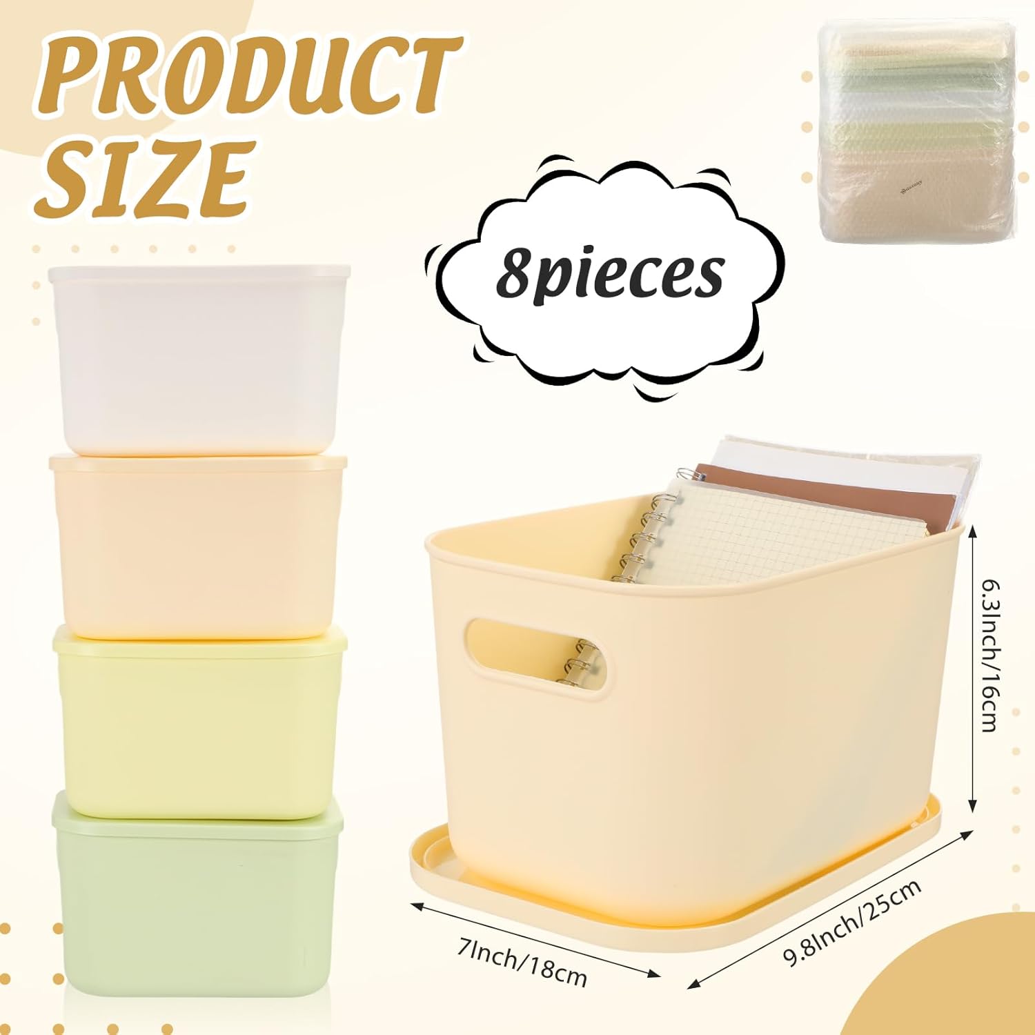 Hoolerry 8 Pcs Colorful Storage Bins with Lids and Handle Plastic Stackable Baskets Storage Containers Desktop Cube Box Cubby Bins for Shelf Cabinet(Light Color,9.8 x 7 x 6.3 Inch)