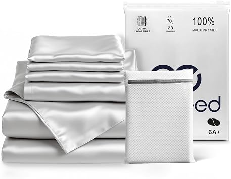 PROMEED 4pcs Silk Bedding Set with Fitted Sheet, Duvet Cover and 2pcs of Pillowcases, 100% 23 Momme Mulberry Silk Light Grey, Queen