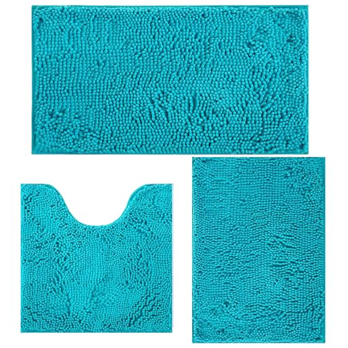 Bathroom Rugs Sets 3 Piece Non Slip Bath Rugs with PVC Backing Bath Carpet Bathroom Rug Washable Absorbent Plush Carpet Mats Bath Mats for Bedroom Kitchen Tub Home Decor (Turquoise)