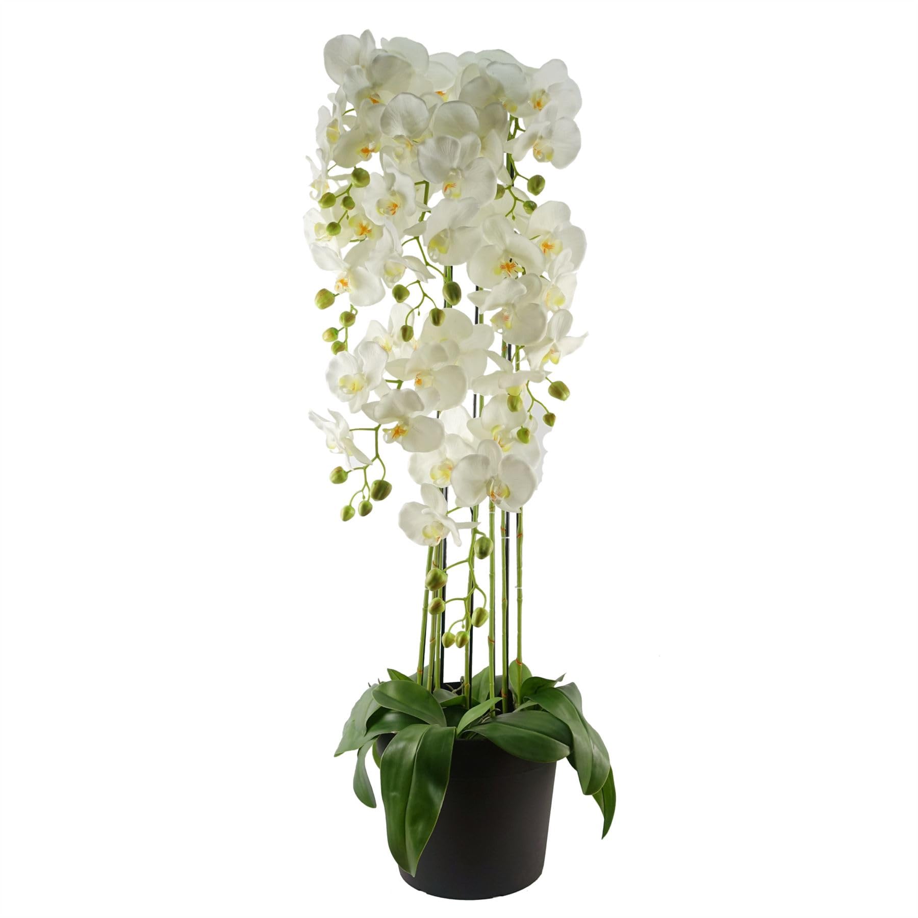 Leaf 110cm Large White Artificial Orchid Plant - 41 Real Touch Flowers - Realistic - Green - Plastic Pot