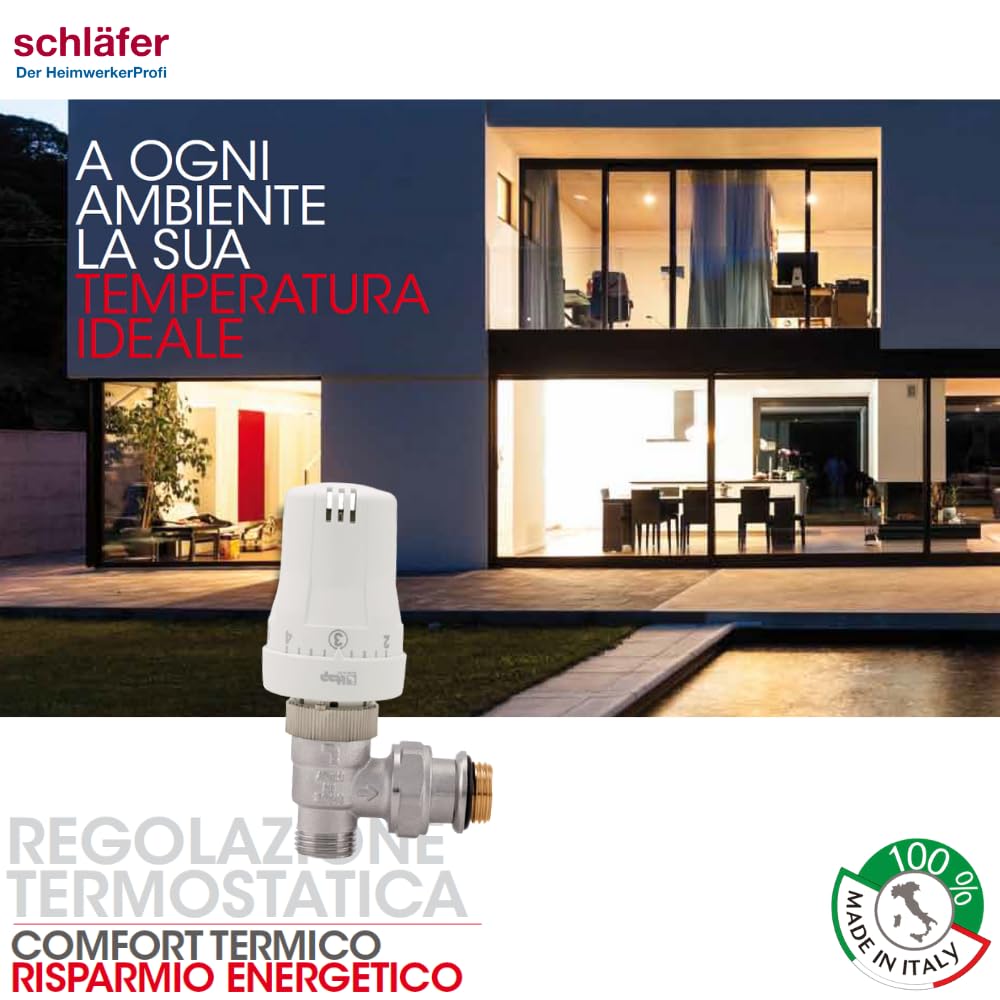 Schläfer 37021712 | Kit Termostatico ad angolo 1/2 completo con valvola termostatizzabile, testa di comando impostazione 0-28 C e detentore per termosiofone, Termoarredi, Scaldasalviette