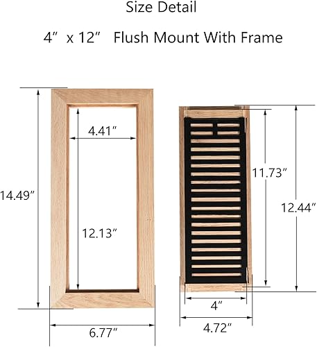 Miniatura 6 de Registro de piso de madera de roble blanco, montaje empotrado con marco, 4 x 10 pulgadas, sin terminar