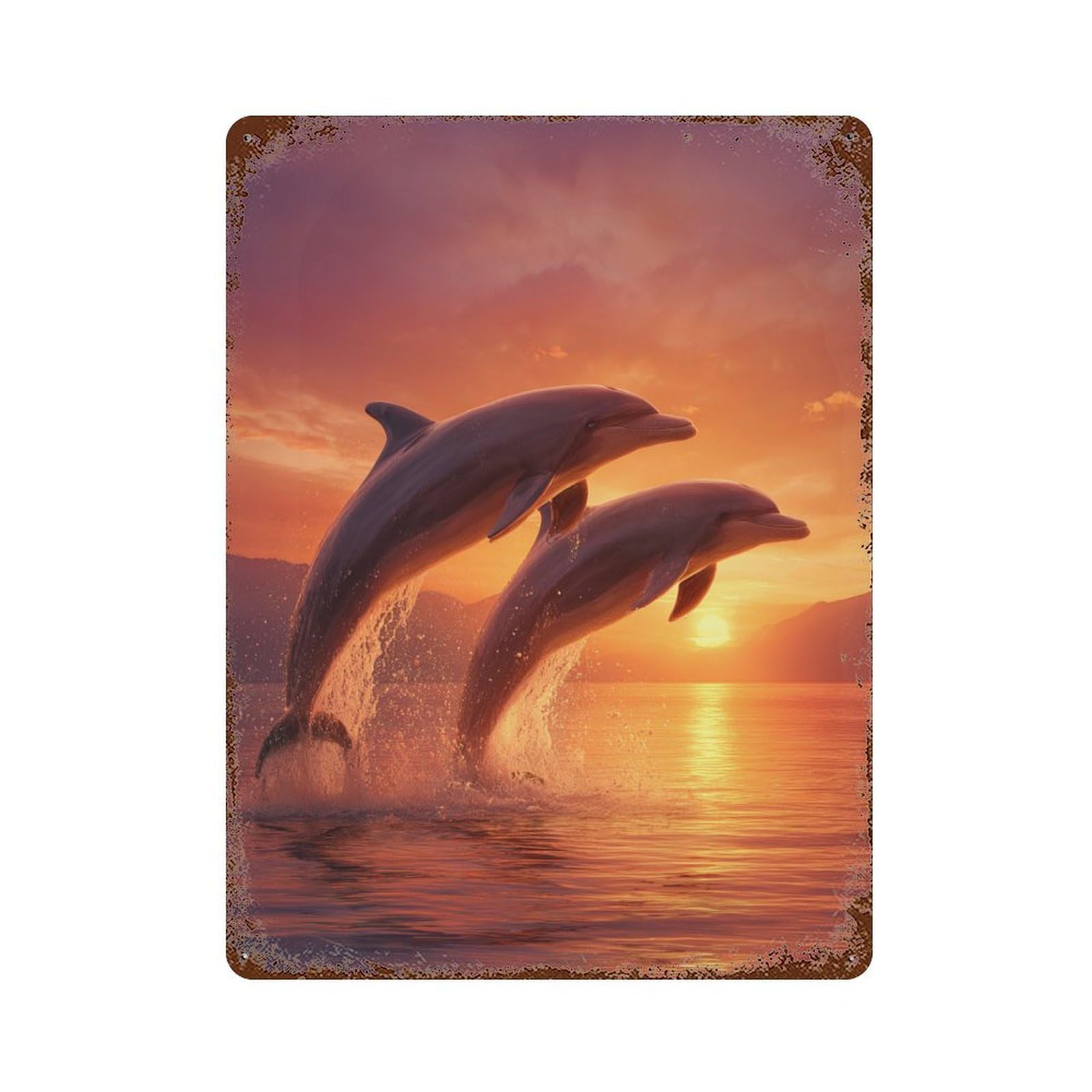 Distressed Metal Wall Sign with Dolphins Sunset Ocean Design 15.7"x11.8", for Cafe, Home Bar And Lounge Decor, Retro Wall Decor