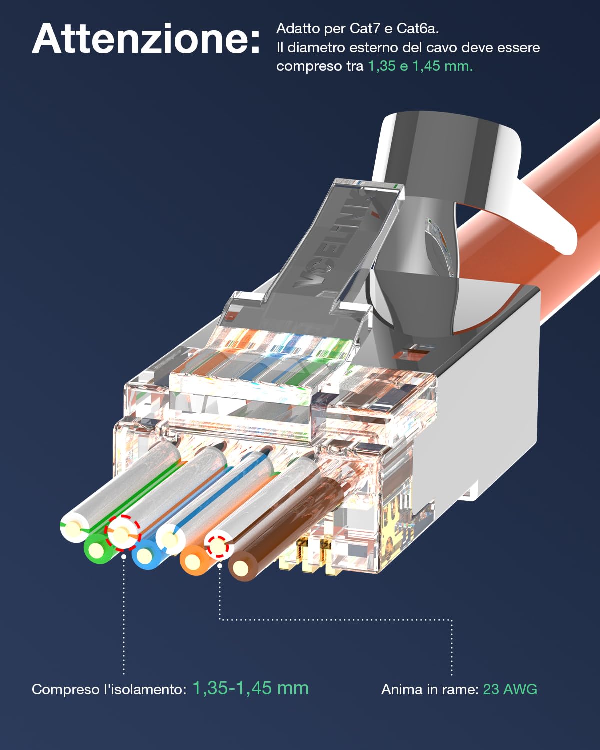 VCELINK Connettori RJ45 Cat7 Cat6A Passanti, Plug RJ45 Schermato per Cavi Cat7 Cat6A con Ausilio per Infilatura e Protezione Antipiega, 10 Pezzi