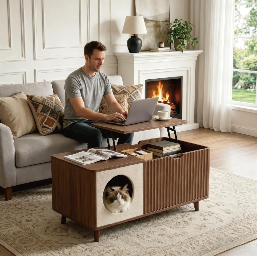 DAWYNIELD Mesa de Centro Elevable, Diseño Acanalado – con Compartimento Oculto y Cajón, Mesa de Madera con Estante Abierto, Mesa de Comedor Ahorradora de Espacio para Salón, Color Roble