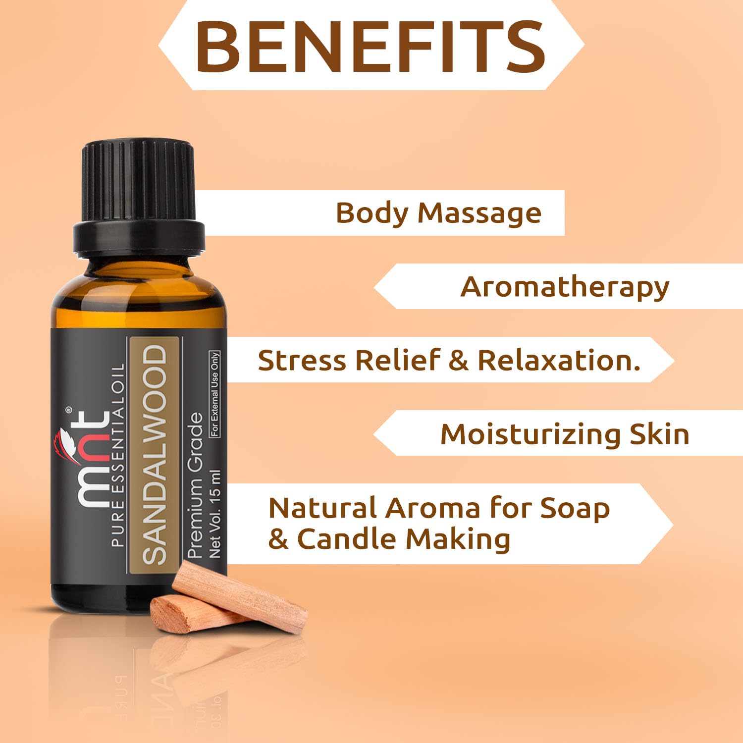 MNT Sandalwood Oil for Skin, Face, Bath & Aromatherapy | Pure & Natural (Chandan Oil) Sandalwood Essential Oil for Stress Relief & Relaxation | Sandalwood Oil for Diffuser & Pooja Ceremonies| 15 ml