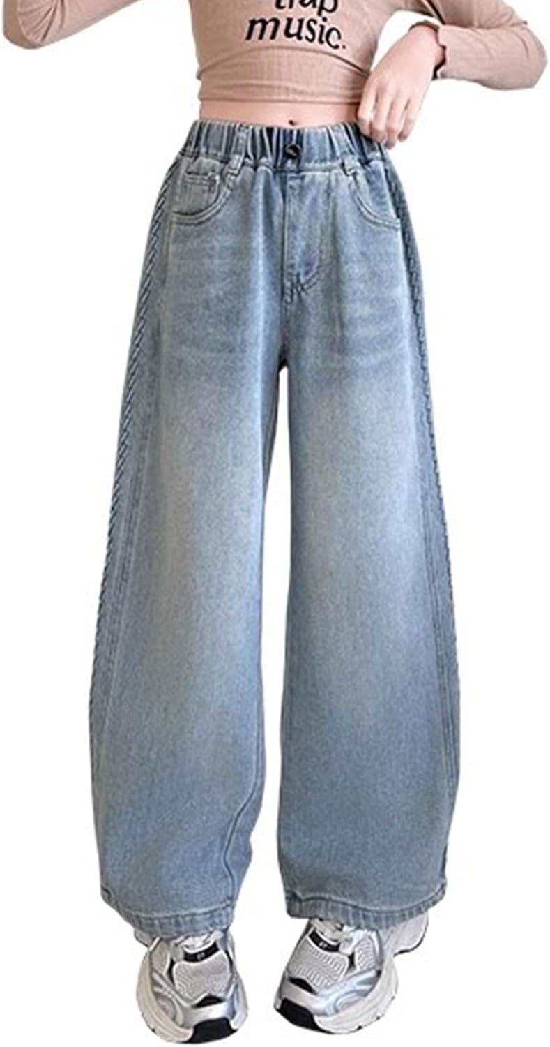 Jeans for Girls Baggy Wide Leg Cute Bow High Elastic Waisted Denim Pants Y2K Boyfriend Skater Streetwear 7 to 14Y