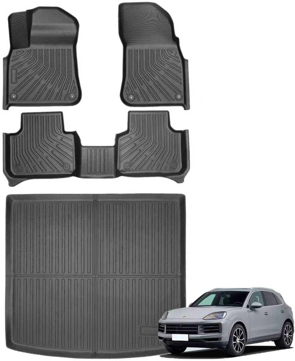 Custom Fit Floor Mats for Porsche Cayenne 2019-2025, Full Set All Weather TPE Cayenne Floor Mats & Cargo Liner, High Edge Waterproof Non-Slip Porsche Car Mats, Easy to Clean (Black)