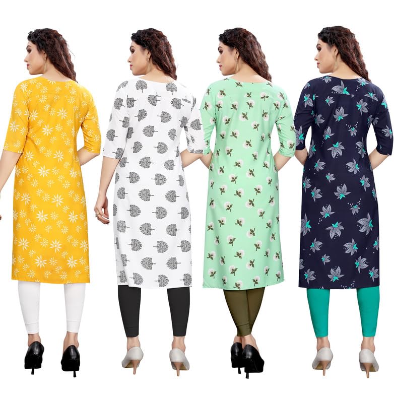 Image of JAKHANA Women's Crepe Printed Casual Straight Calf Length Round Nick Kurta Pack of 4