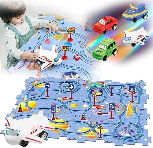 DIY Assembling Electric Trolley,2023 New 3D Puzzle Board Track Car Play Set,Battery-Operated Vehicle Educational Toys for Kids,Puzzle Track Play with Vehicles for Toddler Kids (Purple)