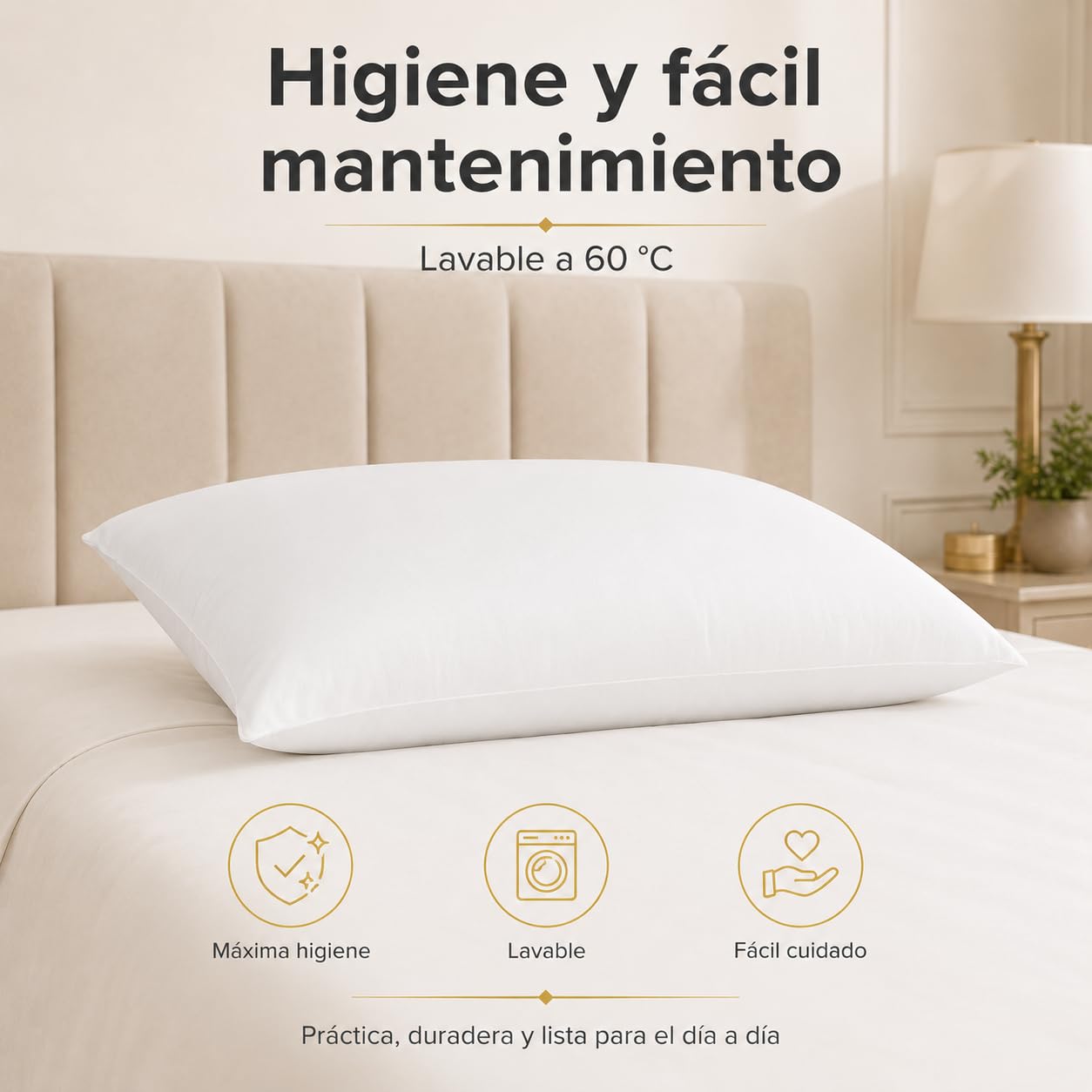 Moshy Almohada Hércules Alta de Fibra Hueca Siliconada, Tacto Suave y Gran Volumen, Doble Funda de Microfibra con Cremallera (150 cm)