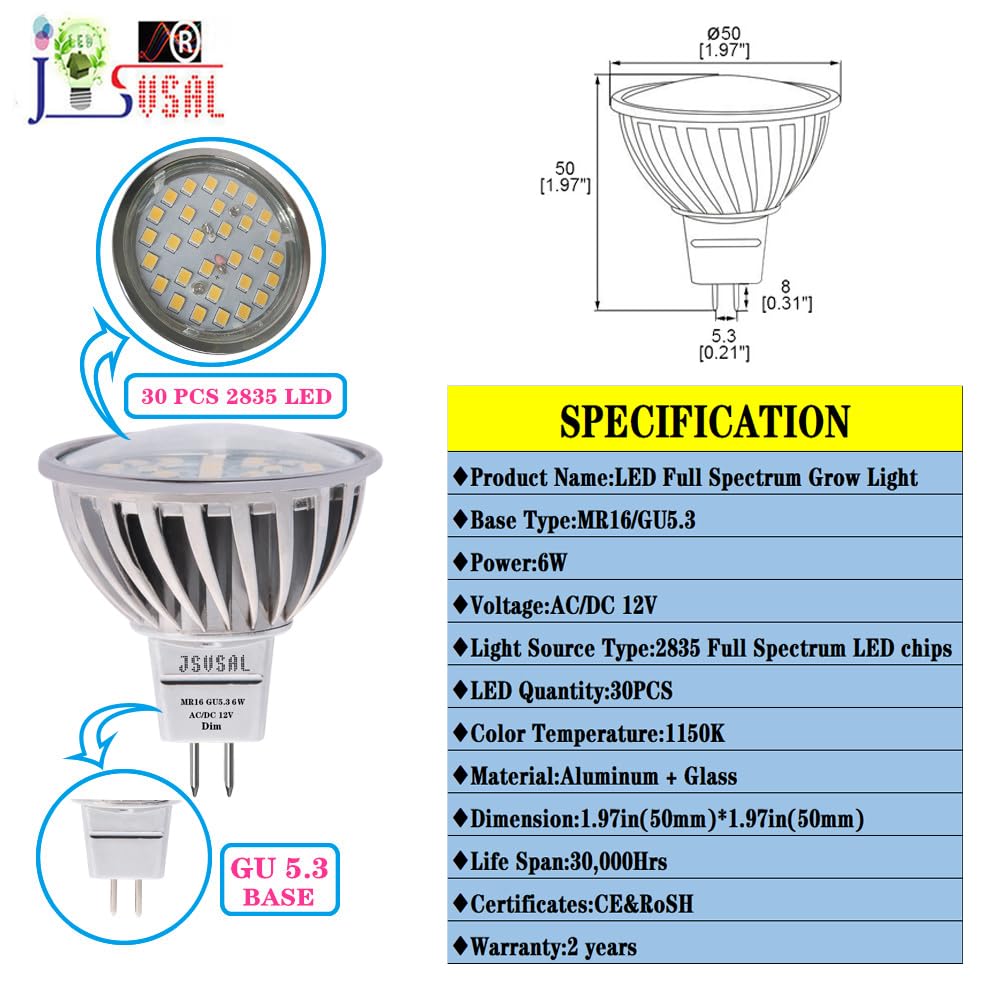 Lot de 2 ampoules de croissance de plantes 6 W, lampe de croissance à spectre complet, MR16 GU5.3 AC/DC 12 V Violet Reign Ampoule LED de croissance pour plantes