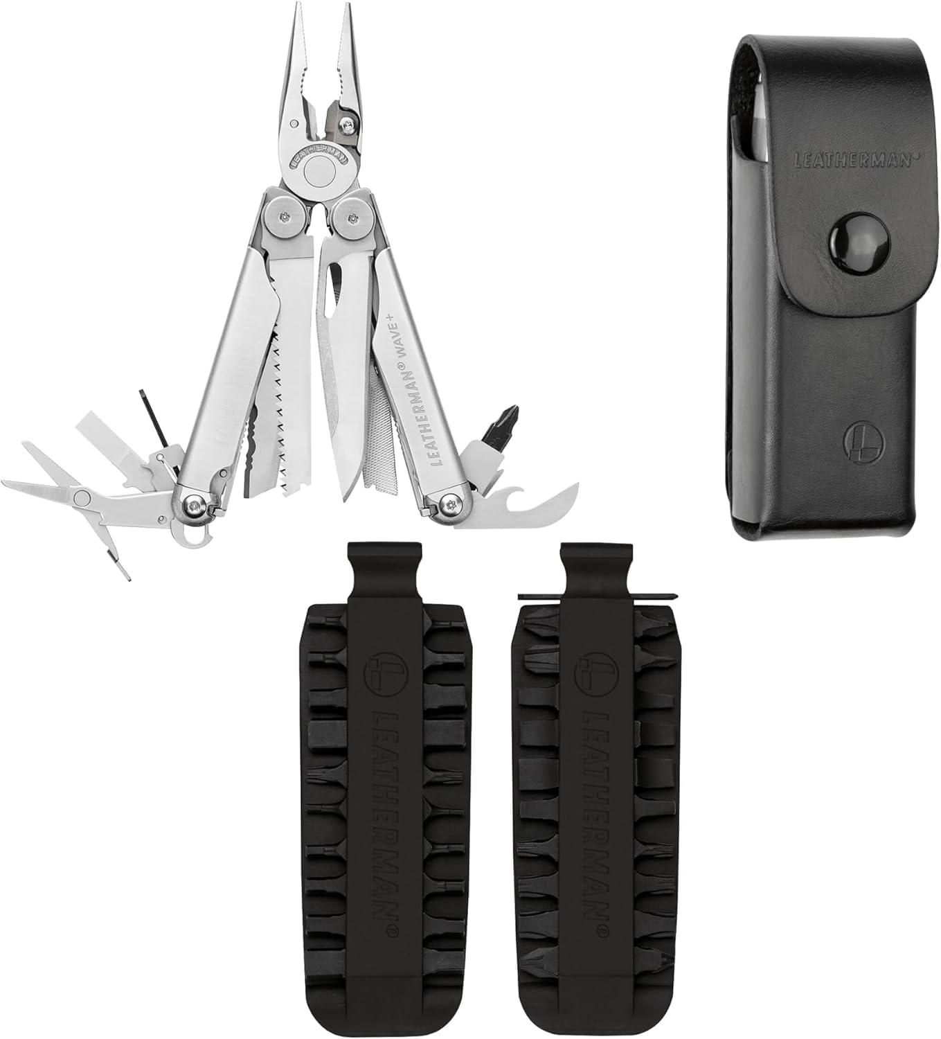 Leatherman Paquete de Herramientas Multi-uso Wave+ - Multi-herramienta de Acero Inoxidable 18 en 1 con Kit de Puntas (42 Piezas) y Funda de Cuero - Camping y Aire Libre