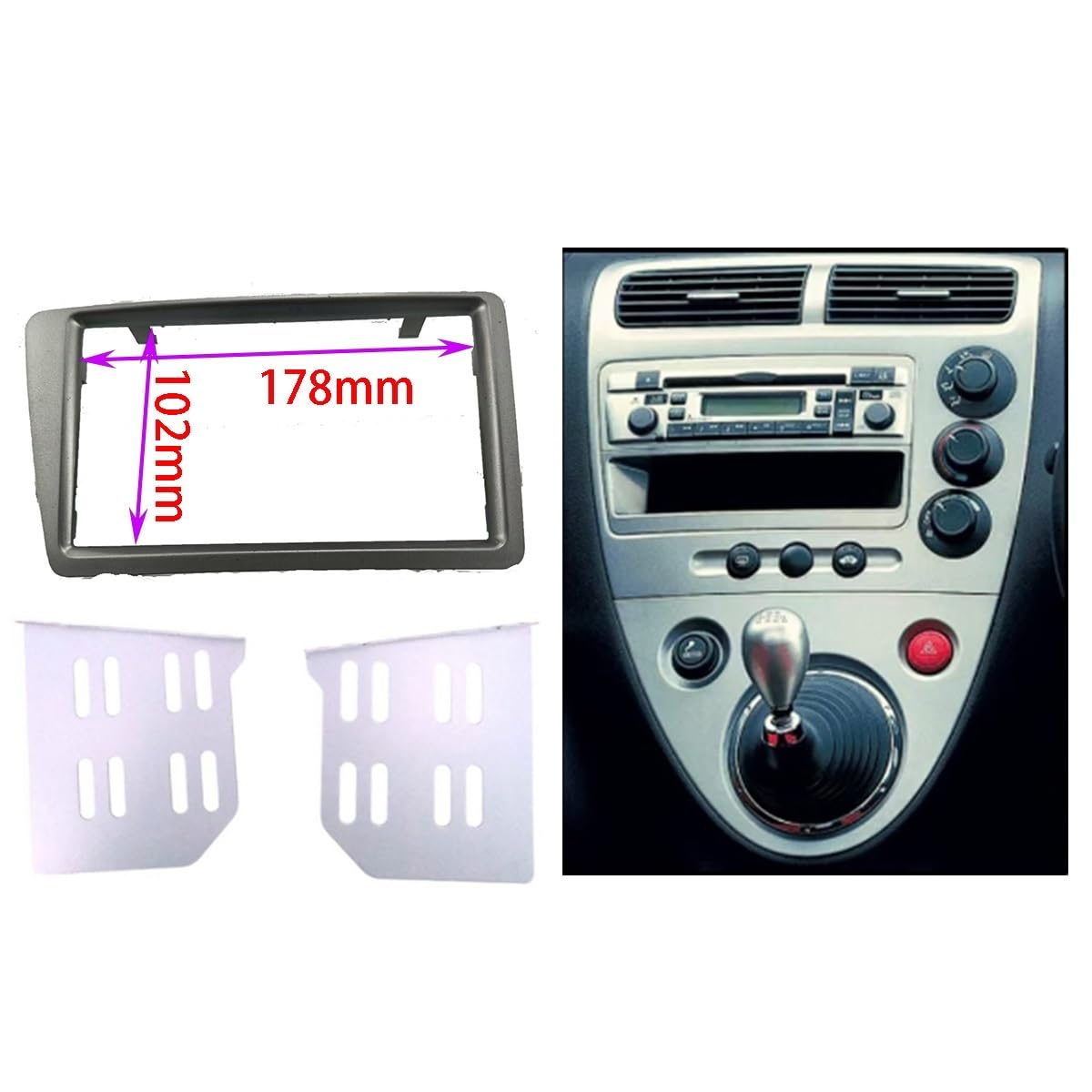 Compatible con Honda Civic 2001-2006 RHD Montaje DVD Marco estéreo para Coche Adaptador Doble Radio de Coche Fascia Marcos para Dispositivos(Silver Grey)