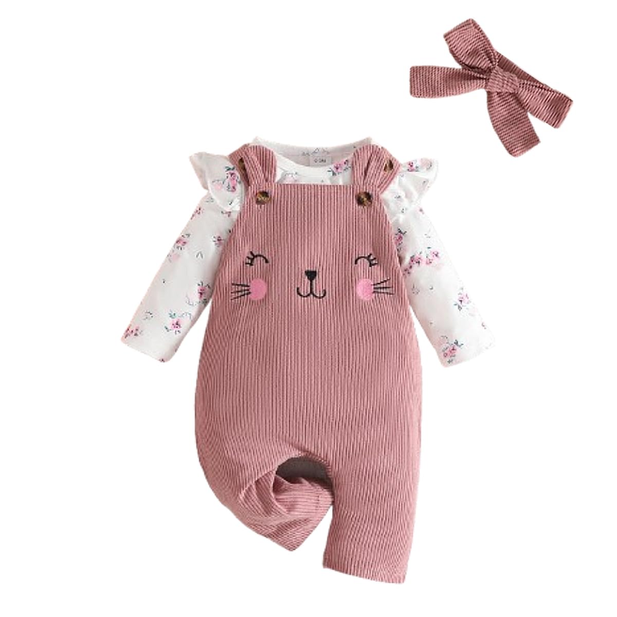 3tlg Baby Mädchen Kleidung Outfits Set Blumen Strampler Tops+ Einstellbare Overalls Pants+Stirnband für 0-18 Monate