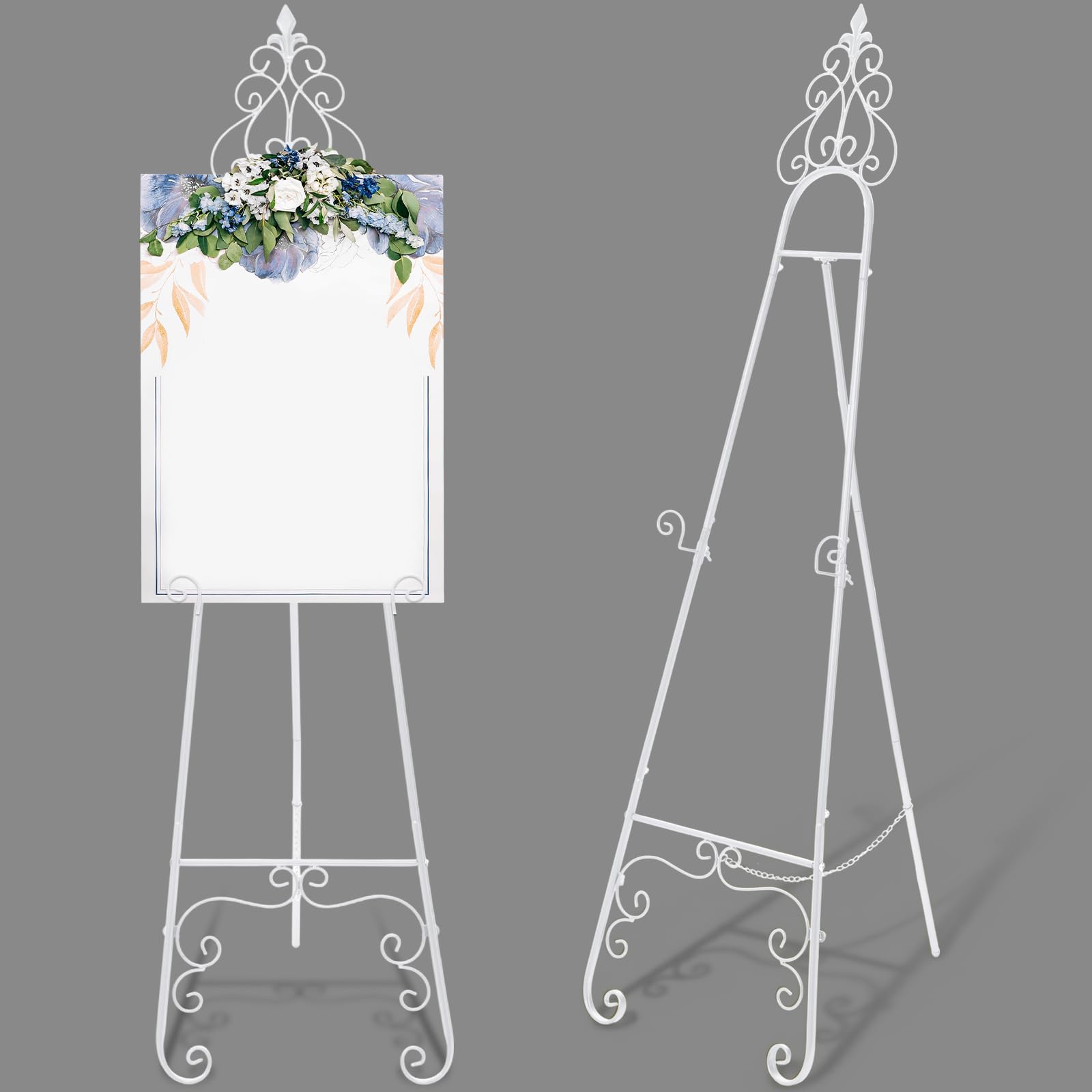 2 weiße Staffelei-Ständer für Schilder, verstellbar, Hochzeit, Willkommensschild, Ständer, Metall-Bodenstaffelei mit Kettenstütze für Hochzeitsposter, Fotokunst, Bilder, Malerei, Display (150