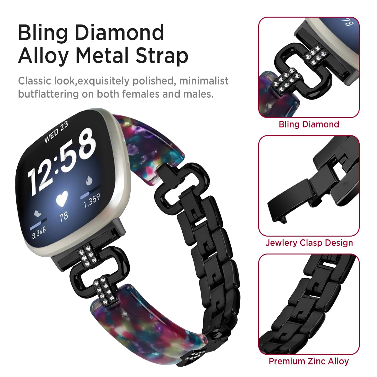 Miimall Alloy Resin Strap for Fitbit Versa 4/Versa 3/Fitbit Sense 2/Sense Band, Bling Rhinestone Wristband - Image 3