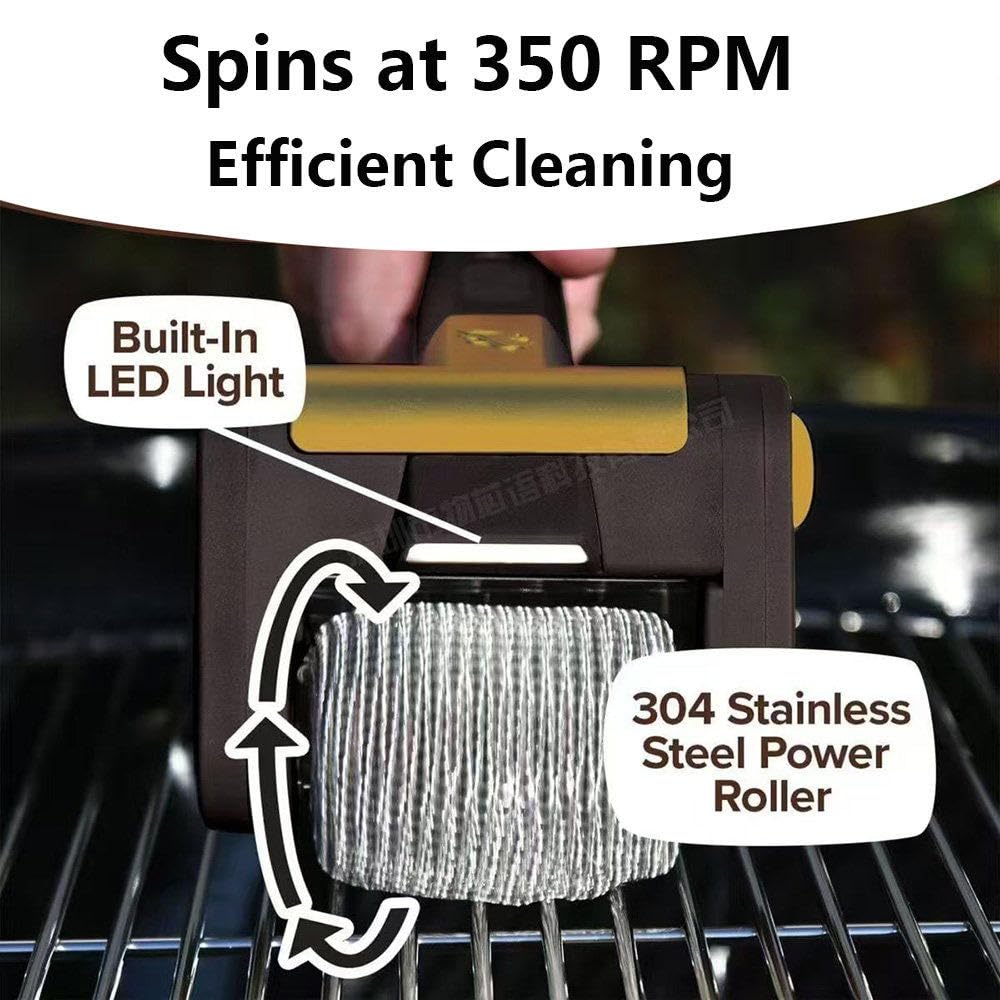 Spazzola Elettrica Senza Fili per Griglie, Pulitore Ricaricabile per Barbecue con Rullo Rimovibile in Acciaio Inox E Luce LED, 350 RPM, Adatta per Griglie da Interno Ed Esterno Brown