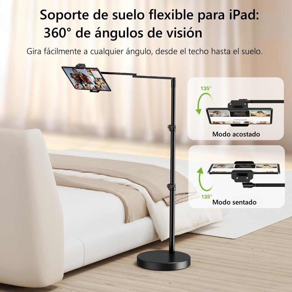 elitehood ALU Soporte de Suelo Ajustable para Tablet con Base Resistente | Soporte suelo tablet de aluminio, brazo horizontal de 24" ajustable, base firme y robusta. Para cama/sofá y compatible iPad