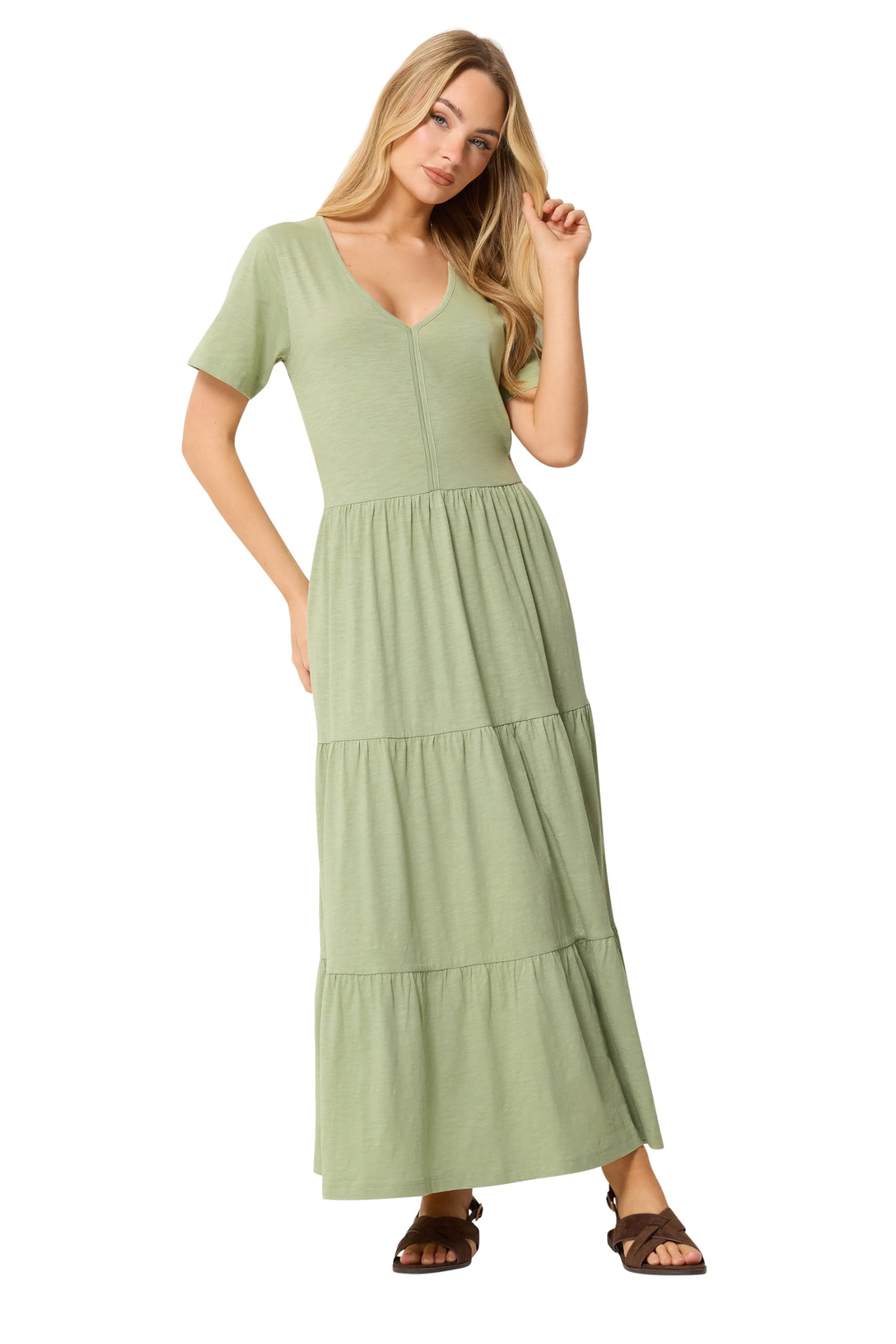 M&Co Women's Light Green Notch Neck Tiered Cotton Maxi Dress In Size 14