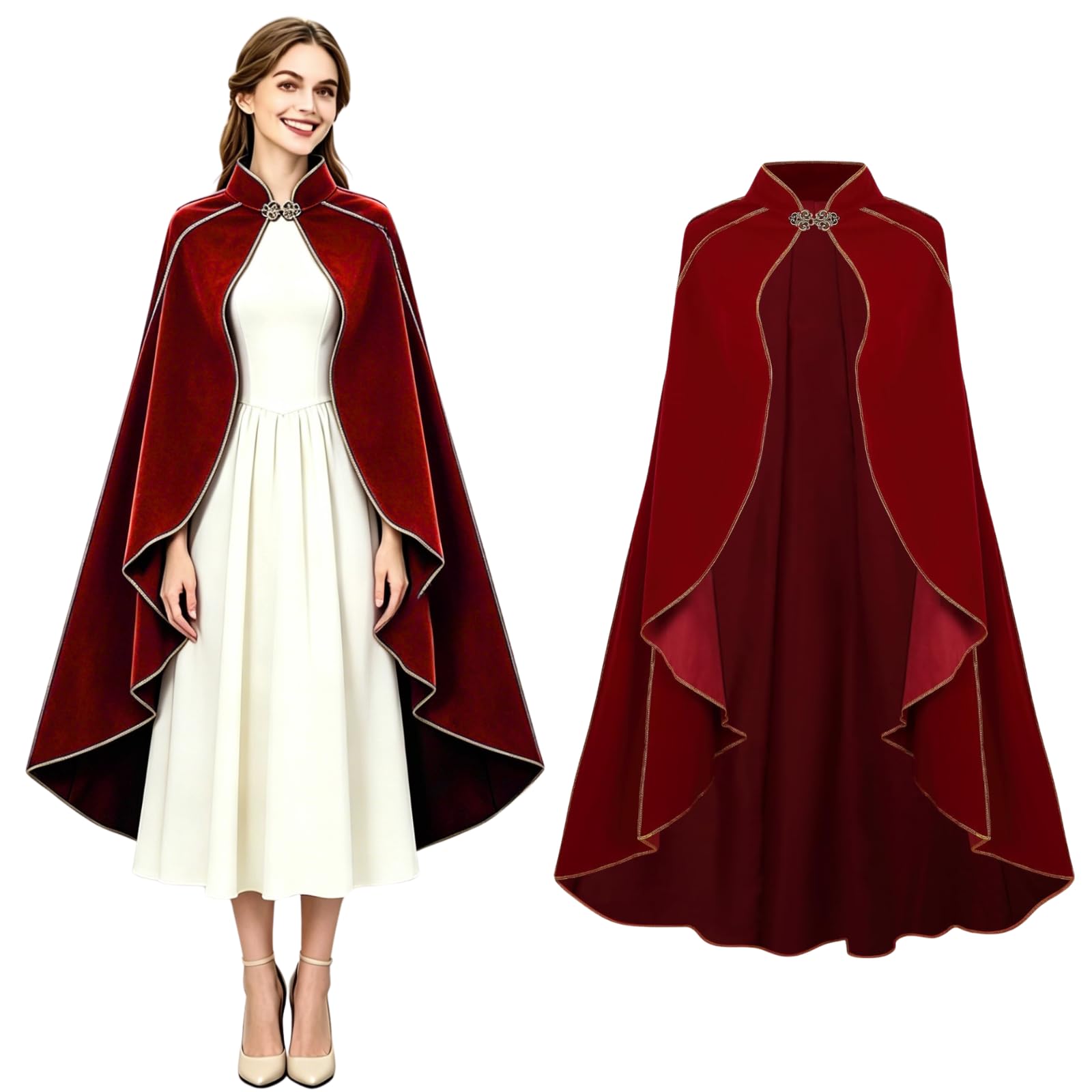 maxToonrain Medieval Costume Women Accessories,Women's Green Cape Velvet Renaissance Hooded Cloaks Halloween World Book Day Costumes Fancy Dress for Womens(Red,130 CM) — image 1