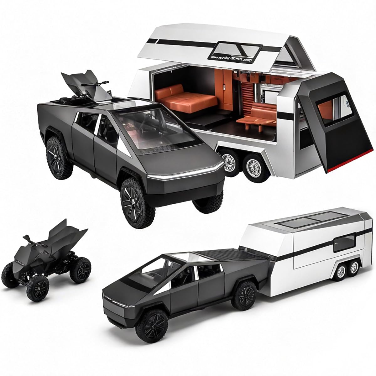 EROCK 1/32 Pickup Trailer RV Model Kit, Off-Road Vehicle Alloy,Car Model Diecast Metal Toy,Truck Model Simulation Sound Light,Gifts for boy Girl. (with RV Black)