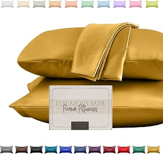 Elegant Comfort Silky and Luxurious 2-Piece Satin Pillowcase Set for Healthier Skin and Hair, Hidden Zipper Closure and Beautifully Packaged, Satin Pillowcase Set, King, Gold