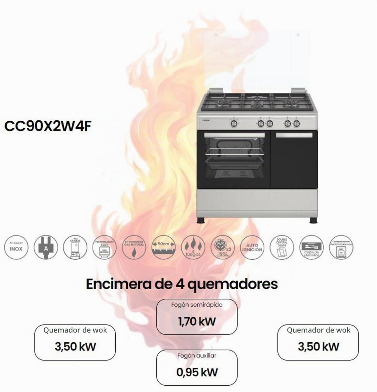 INFINITON Cocina con Horno de Gás CC90X2W4F, 4 Zonas, Quemador Wok, Ancho de 90 cm, Regulación en altura, Limpieza fácil, Compartimento porta-bombonas