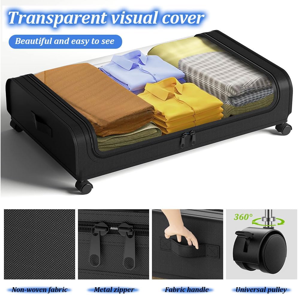 Under the Bed Storage Containers with Wheels, 2Pack Under Bed Shoe Storage, Bedroom Storage Organization with Handles, Under Bed Storage Bins Drawer For Clothes, Blankets And Shoes, Bedding