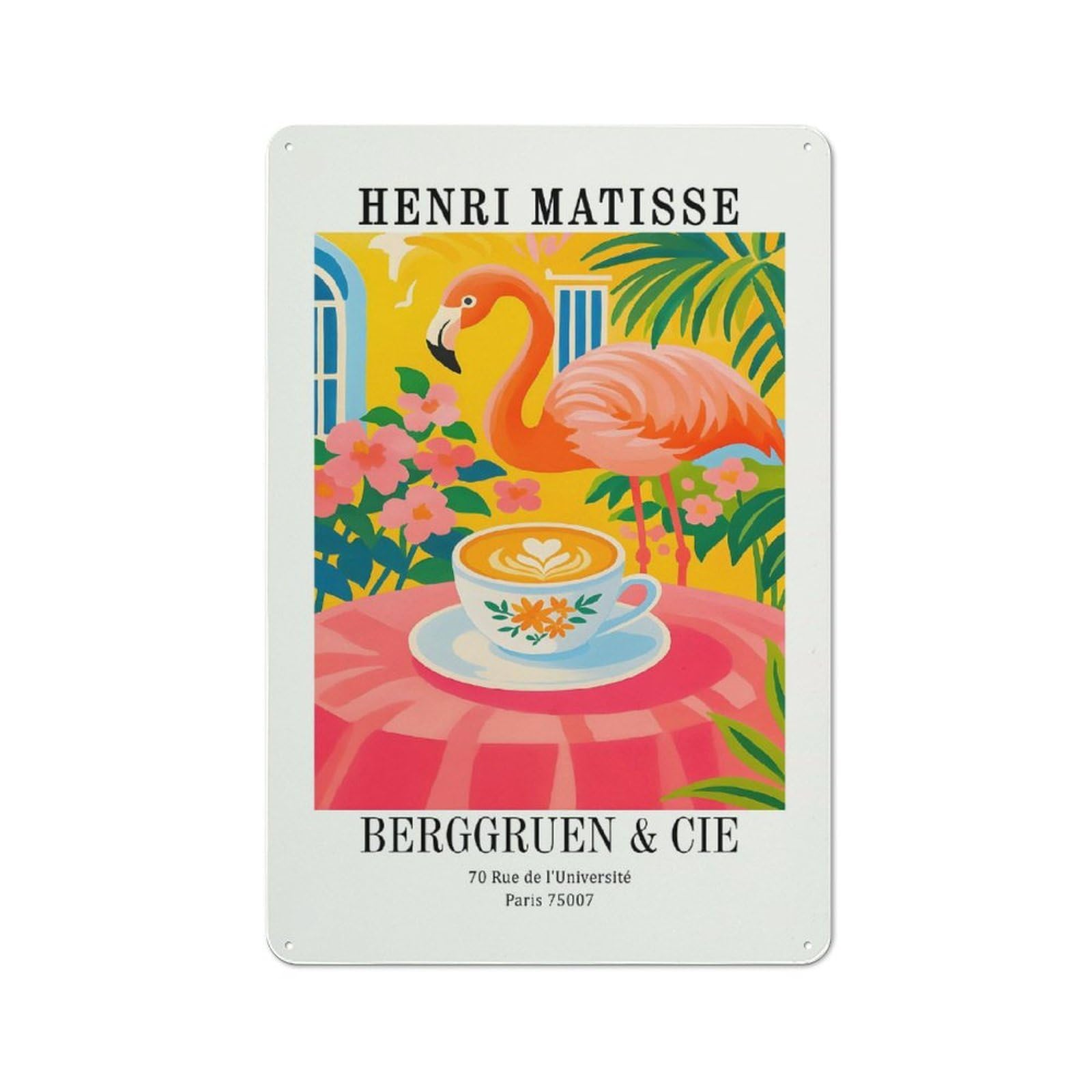 Junmoney Style Tin Wall Plaque 30X20cm With Henri Matisse Flamingo Coffee Art Print For Guest Room Or Hallway, For Garage, Workshop And Man Cave Decoration