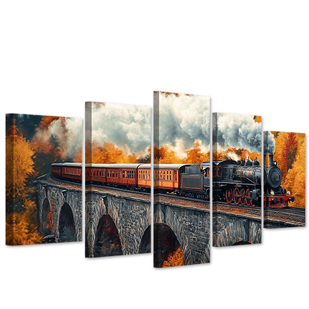 CXHOSTENT Steam Train Canvas Wall Art 5 Panels Old Train Decor Vintage Railway Posters Fall Forest Painting Print Rustic Landscape Pictures Living Room Decor Frame (20x35cmx2 20x45cmx2 20x55cmx1)