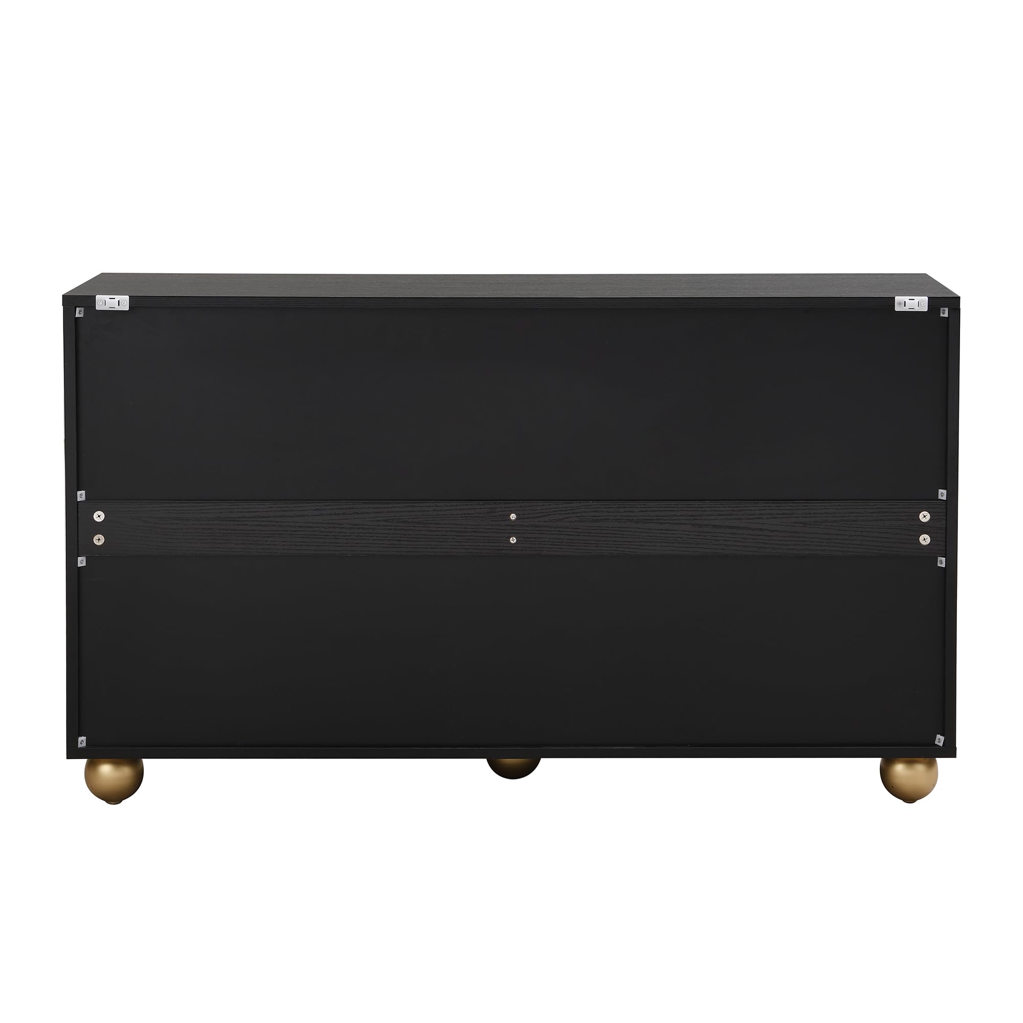 Aparador negro 120 x 35 x 71,5 cm con cuatro puertas moldeadas, estantes interiores ajustables, asas de metal y patas esféricas