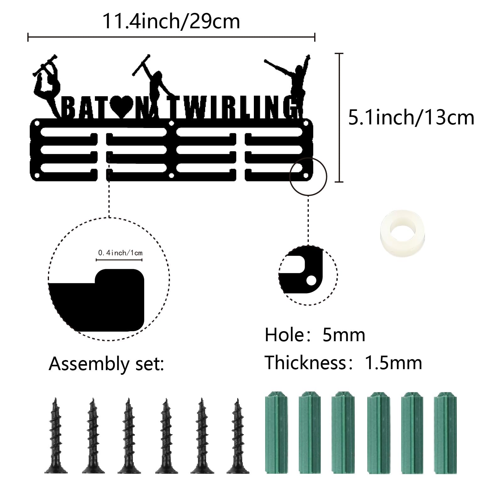 CREATCABIN Baton Twirling Porta Medaglie Porta Medaglie Telaio A Parete Scaffale Sport Ginnastica Medaglie Organizzatore Ganci Rack Regalo Ginnasta Atleta Vincitore Gara Medaglia Donna 13x29cm Nero