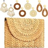 Saintrygo Women's Straw Clutch Purse and 4 Pairs Rattan Earrings Summer Beach Clutch Purse Handbag Straw Envelope Bag Wallet Woven Bag Geometric Tassel Woven Bohemian Earrings