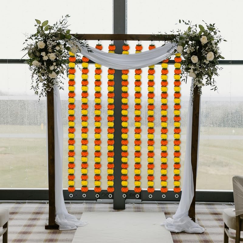 Artificial Decorative Marigold with Leaves Garland Used for Wedding Home Office Decoration,Size 55 inches, Pack of 3, Colour Yellow & Orange (RK-33802-3)