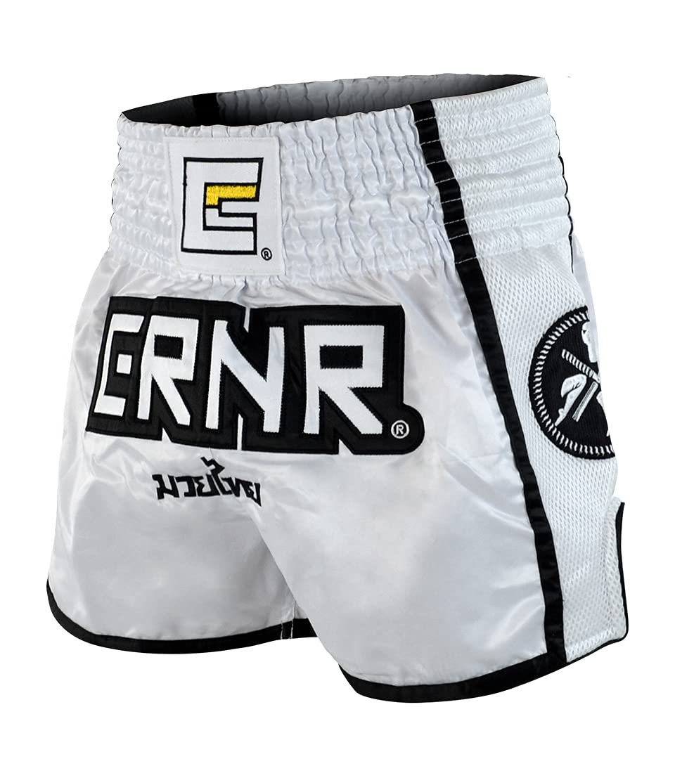 CRNR Muay Thai Shorts | Kickboxing Thai Boxing MMA Training Competition Athletic Shorts | White/Black | Youth Small