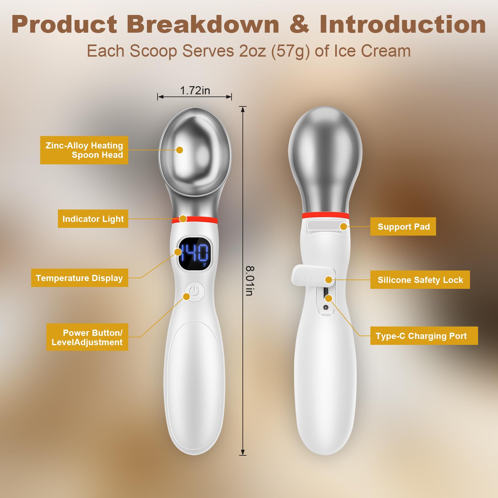 Cuillère à glace chauffante rechargeable, électrique 4000 mAh avec 3 niveaux de chaleur réglables et affichage LED, accessoire de cuisine pour glace dure, étanche IP67, avec voyant lumineux
