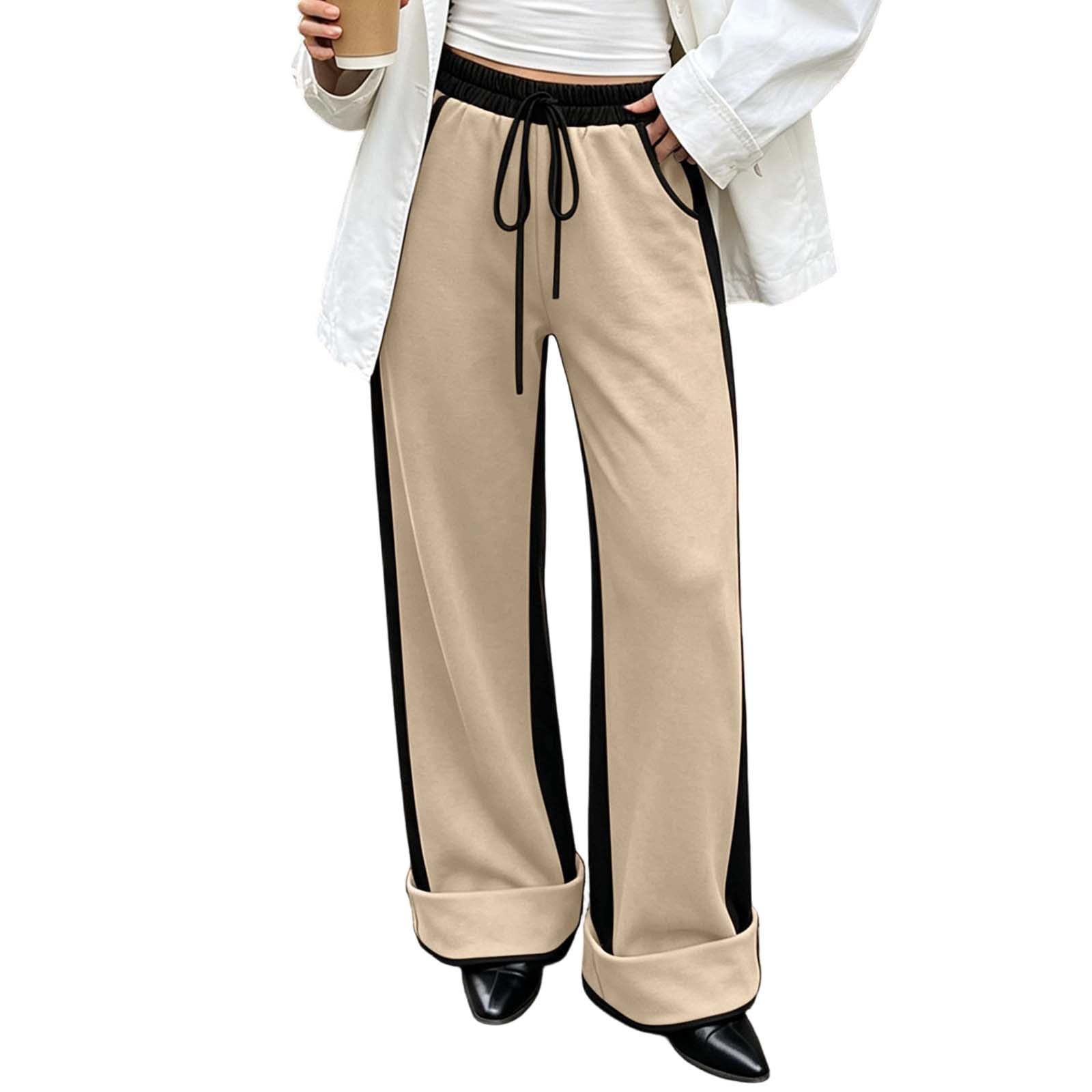Pantalon Droit Femme Bloc De Couleurs Ourlet Retroussé Poches Décontracté