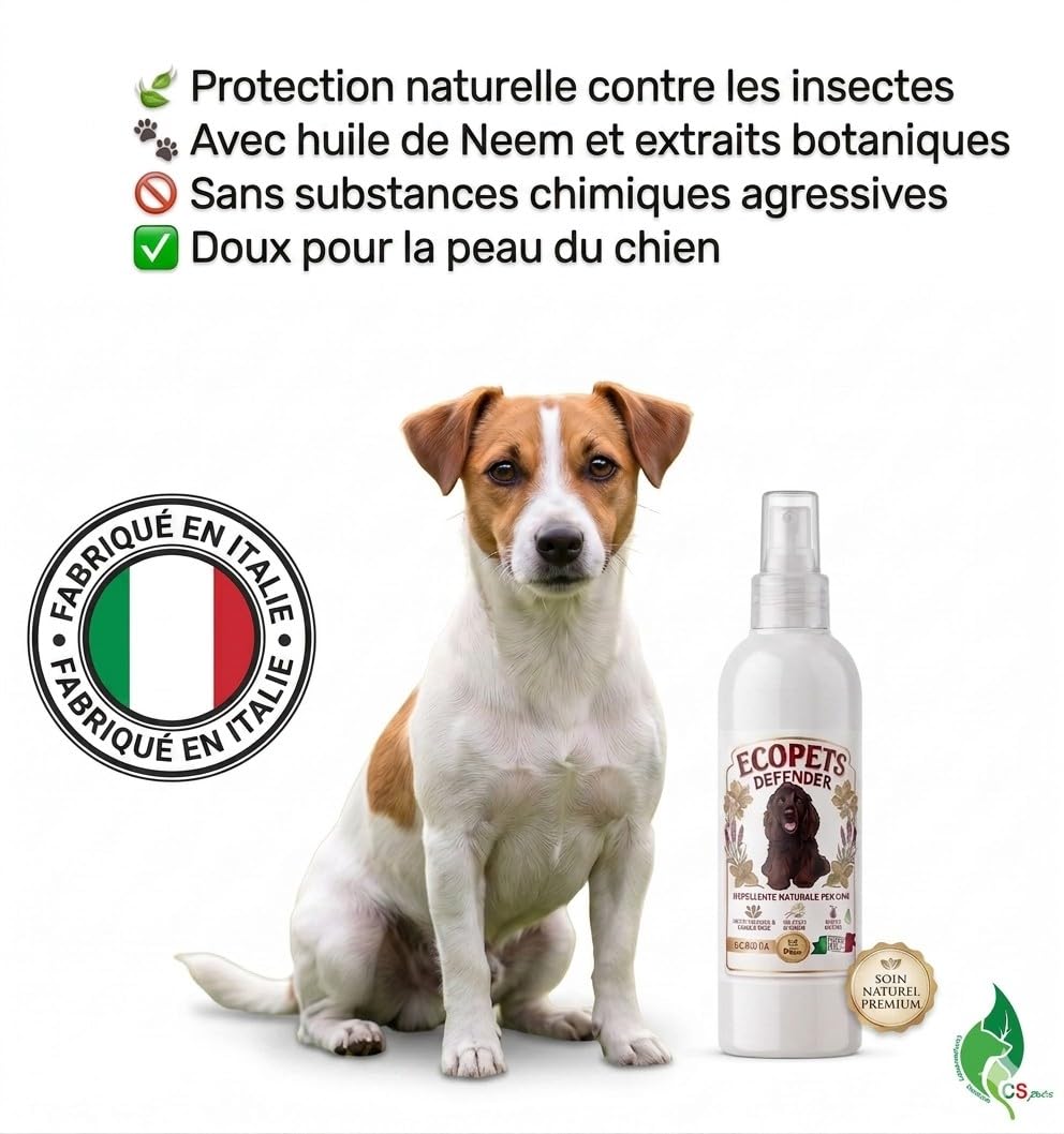 Ecopets Defender Pesticide Naturel pour Chiens à l'Huile de Neem - Protection contre les Puces, Tiques, Moustiques et Mouches - Doux pour une Utilisation Quotidienne avec des Huiles Essentielles et