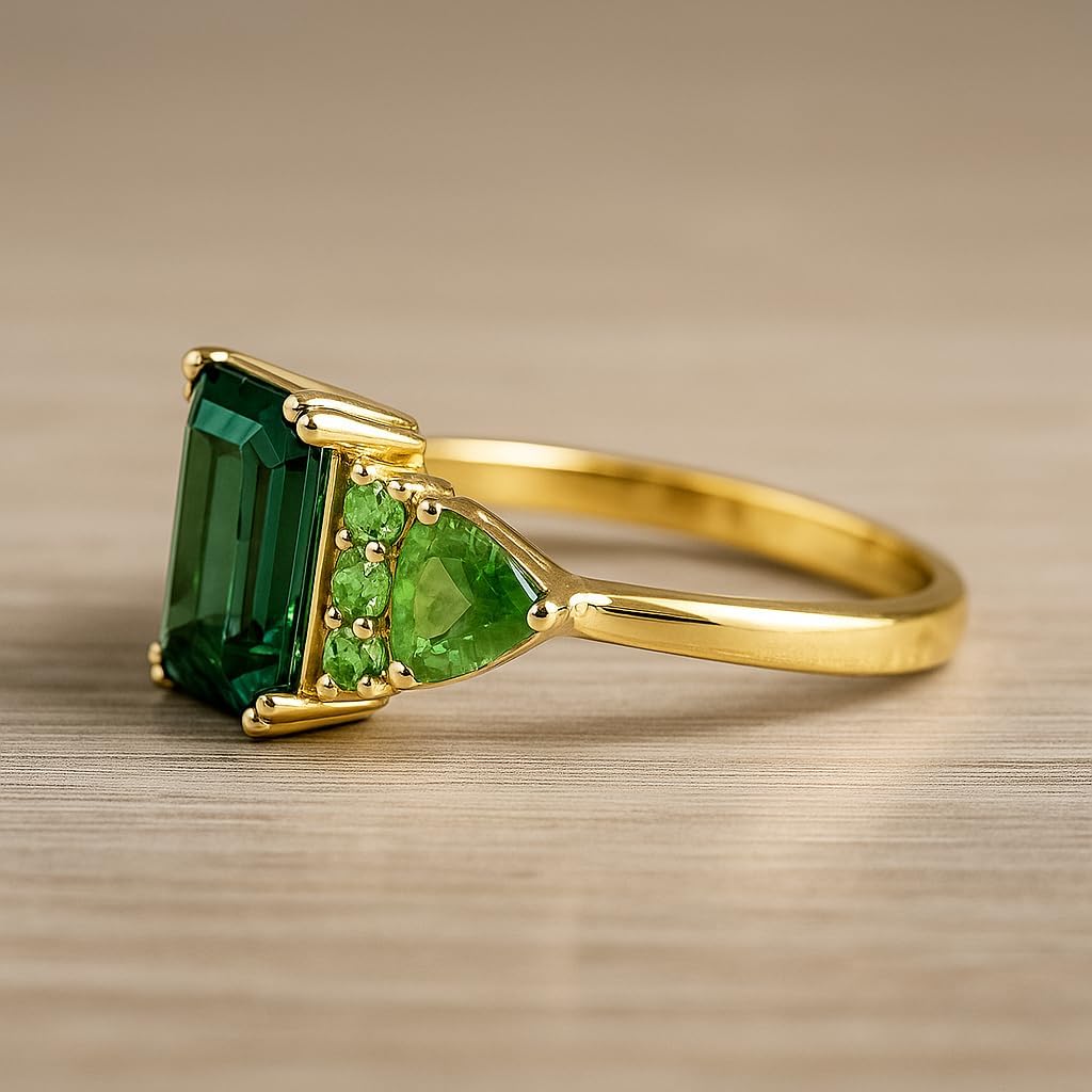 Emerald Cut Green Tourmaline Ring for Women 14K Yellow Gold Three Stone Cluster Peridot Ring Vintage Emerald Shape Engagement Anniversary Jewelry Gift