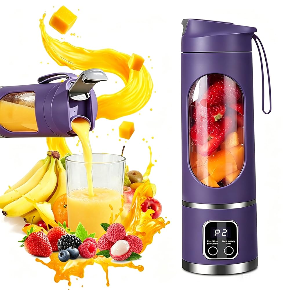 Batidora de Vaso Portatil, 450ML Blender Smoothie Maker, Batidora Portatil con 12 Cuchillas Pantalla LED, 1500mAh Licuadora Recargable por USB, Licuadora portatil para Cocina Viajes (Morado)