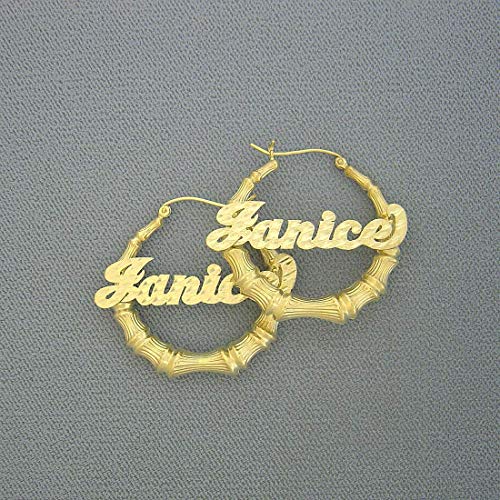 10K Real Gold Personalized Custom Script Name Bamboo Earrings 1 3/8 inch Hoop 10K Real Gold Personalized Custom Script Name Bamboo Earrings 1 3/8 inch Hoop