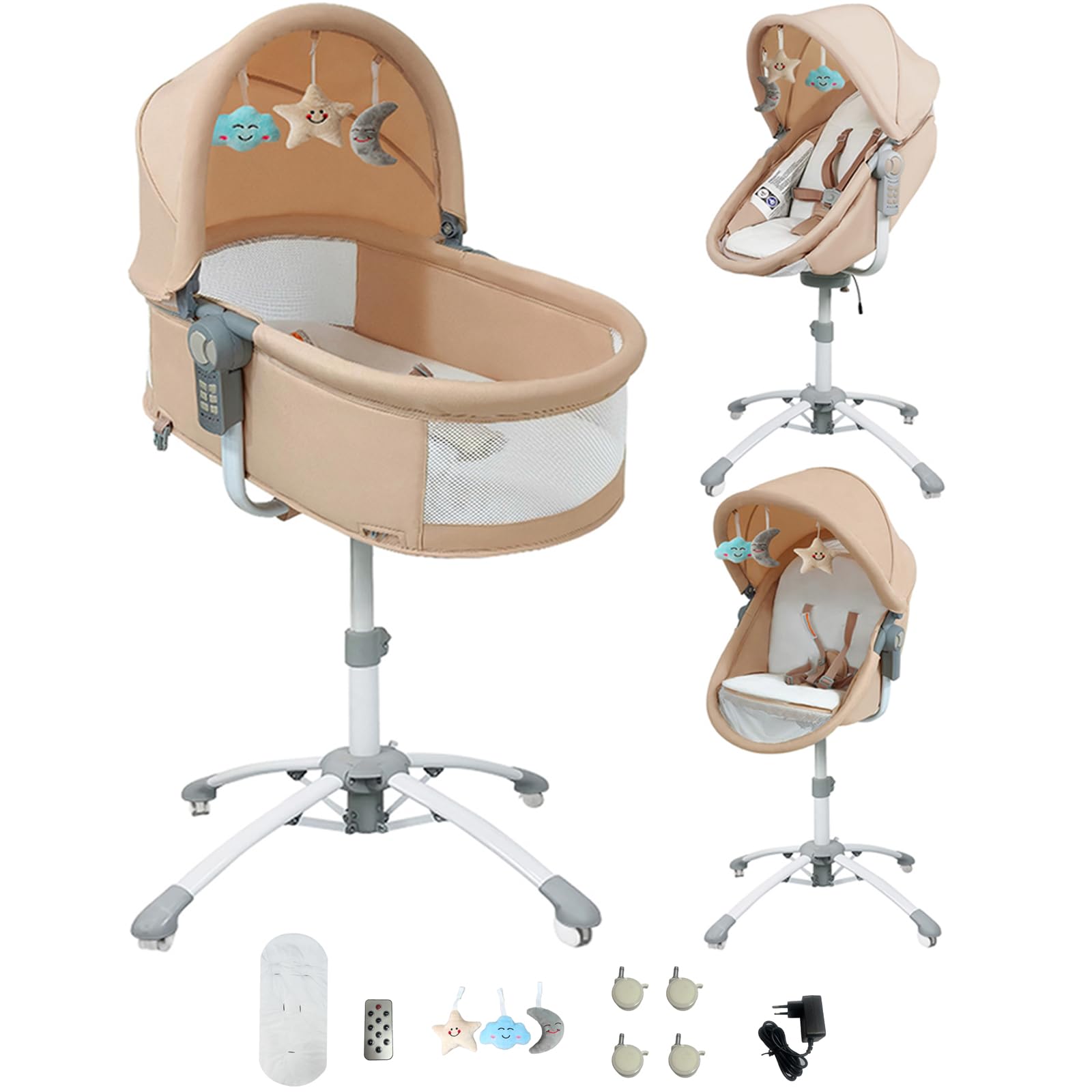 Magic ZC 3 in 1 multifunktionales verstellbares Babybett neben Mir, Neugeborene Wiege mit Shake und Musik, Babyschwengel mit Rädern, Cabriolet Fütterung Kleinkind Hochstuhl (Khaki)